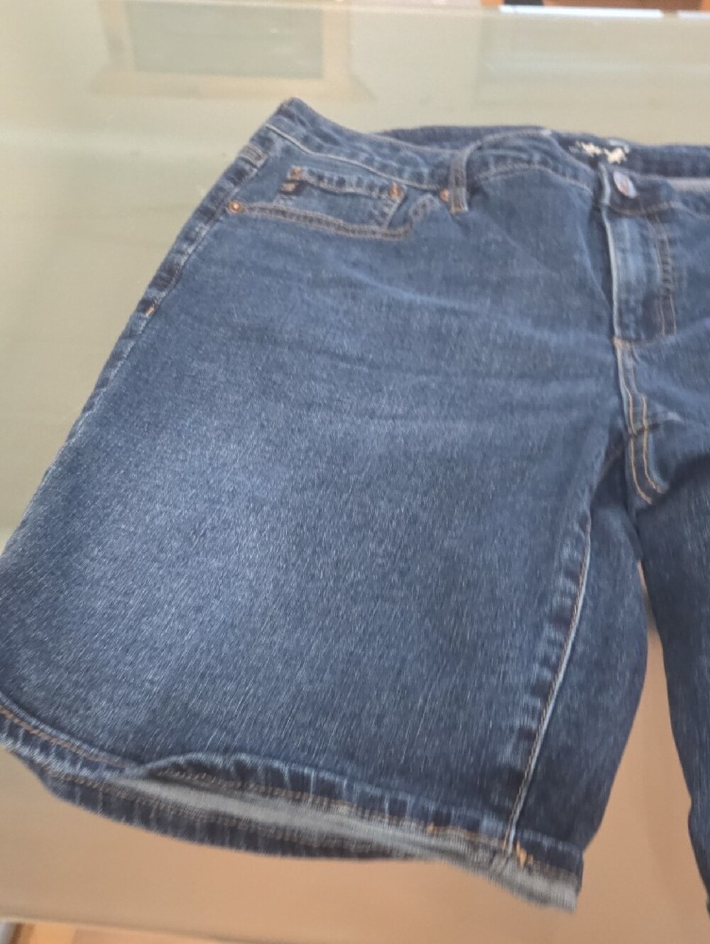 Seven7 Blue Denim Shorts with Tan Leather Patch - Picture 8 of 10
